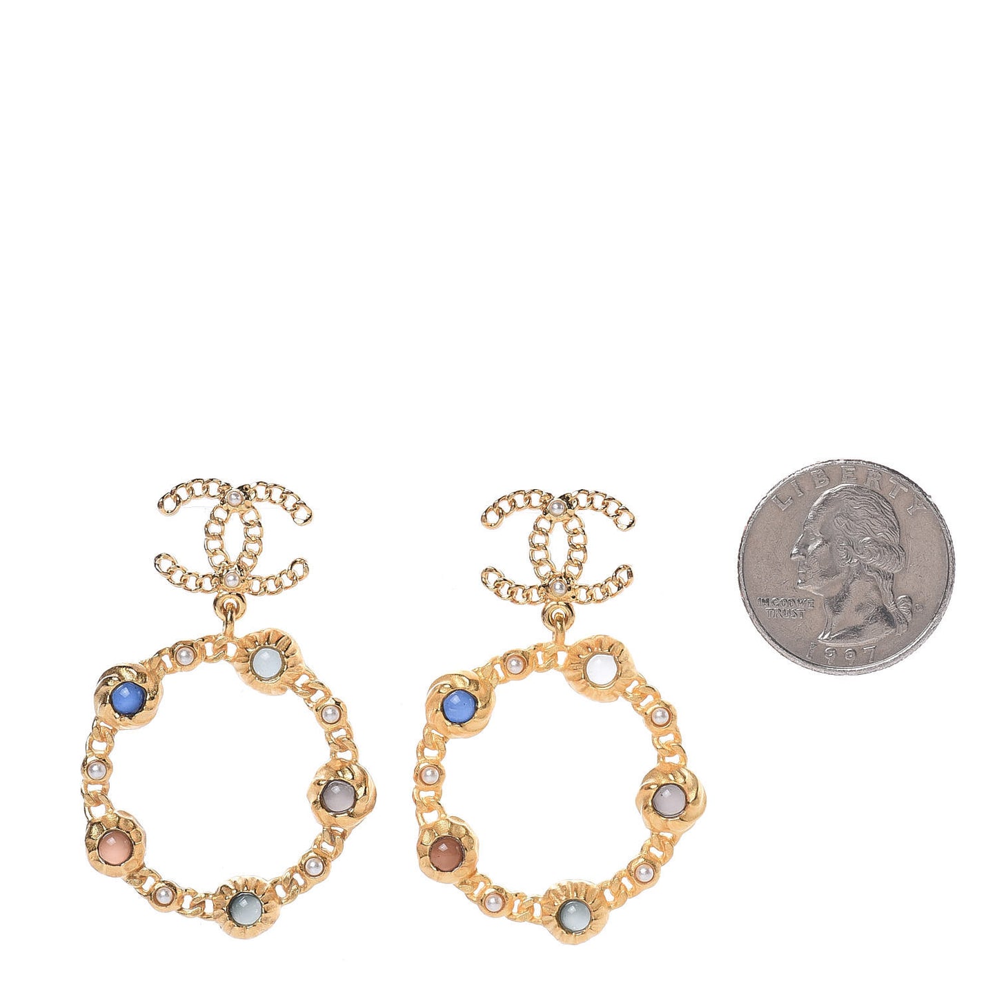 Pearl Pearl Gripoix CC Chain Drop Hoop Earrings Gold