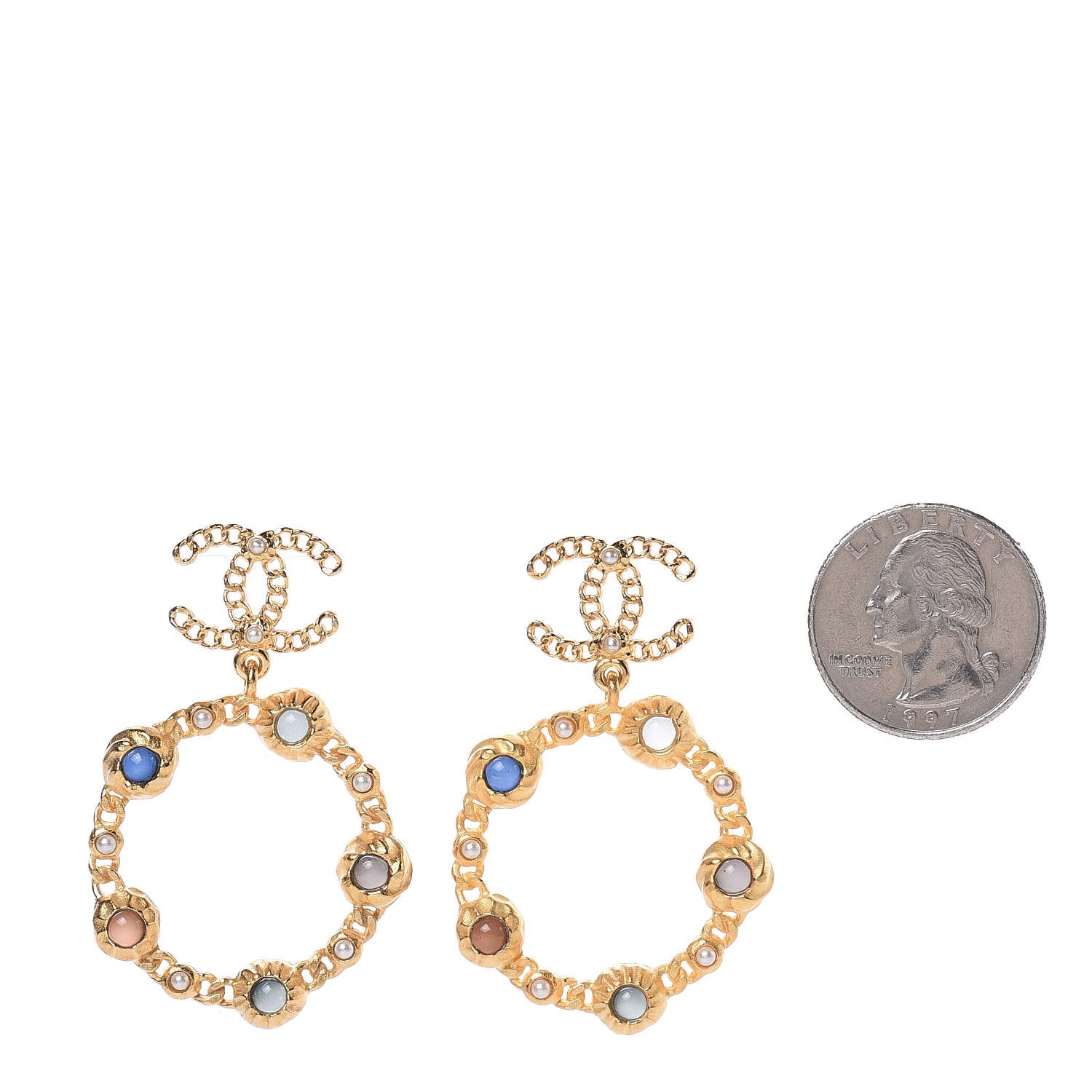 Chanel Pearl Pearl Gripoix CC Chain Drop Hoop Earrings Gold 2 of 5