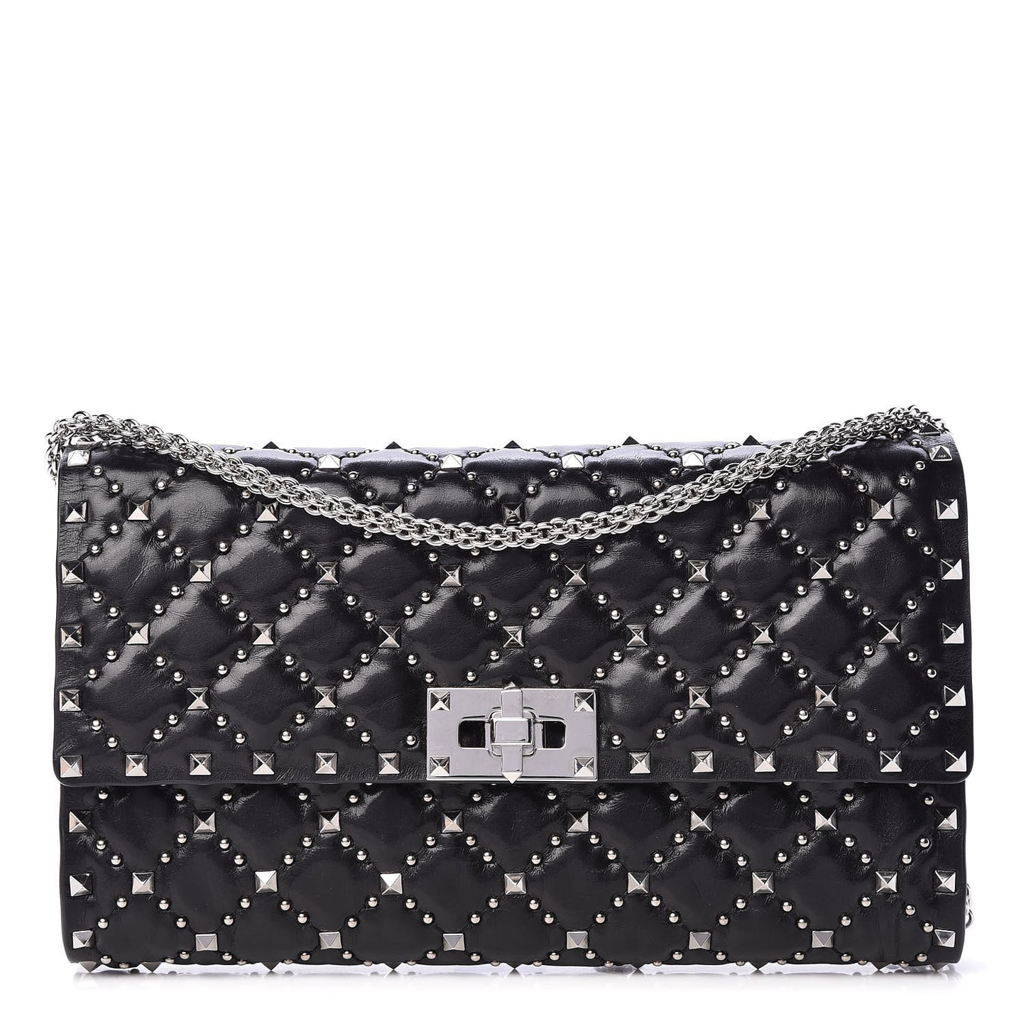 Lambskin Beaded Rockstud Spike Wallet on Chain Black