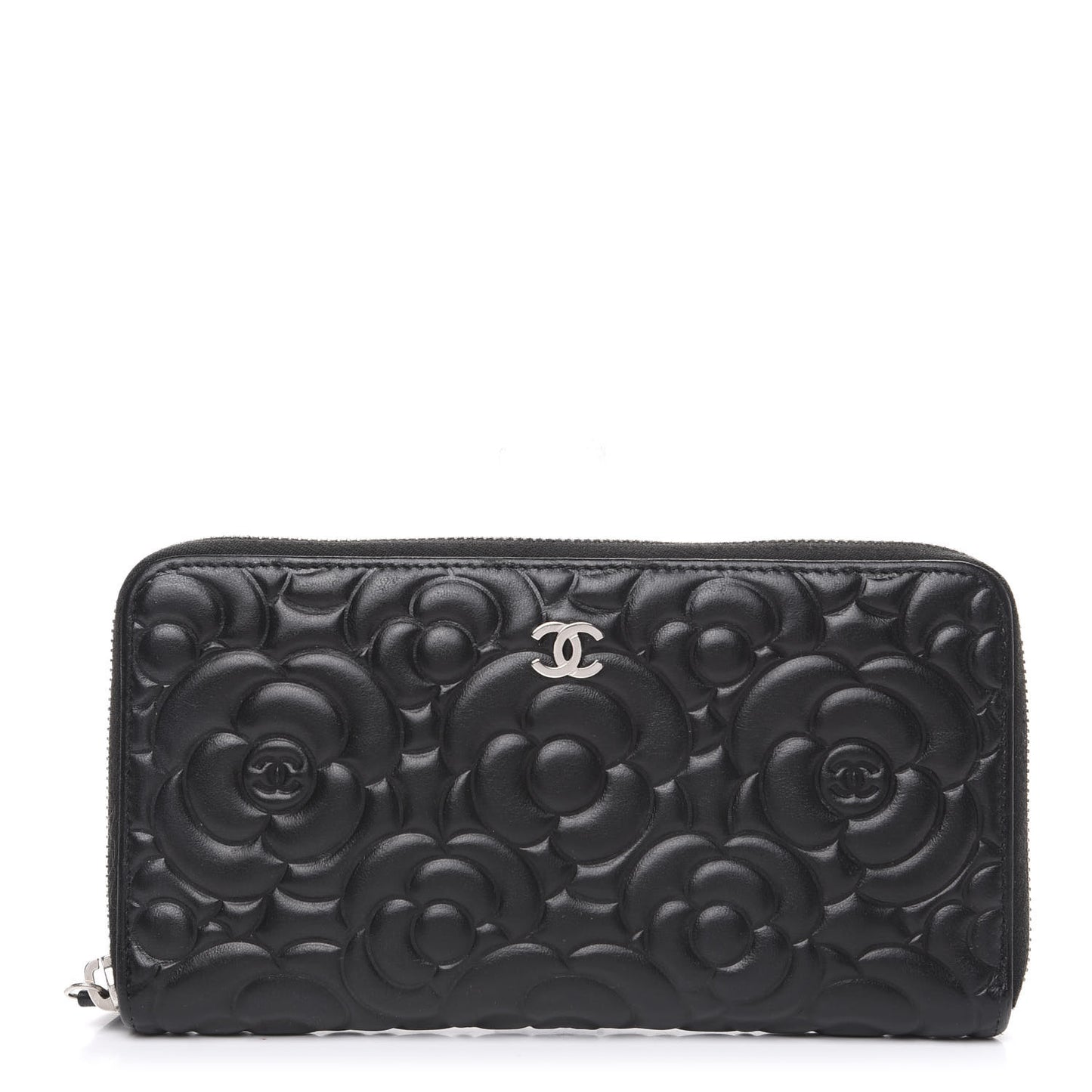 Lambskin Camellia Embossed Large Zip Around Gusset Wallet Black
