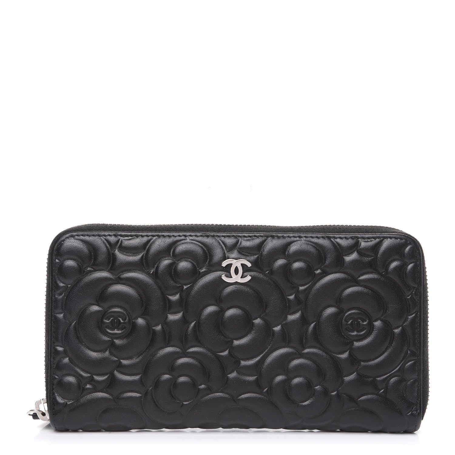 Chanel Lambskin Camellia Embossed Large Zip Around Gusset Wallet Black 1 of 11