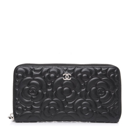 Chanel Lambskin Camellia Embossed Large Zip Around Gusset Wallet Black 1 of 11