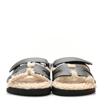 Hermes Calfskin Woolskin Womens Chypre Sandals 36 Black Ecru 2 of 12