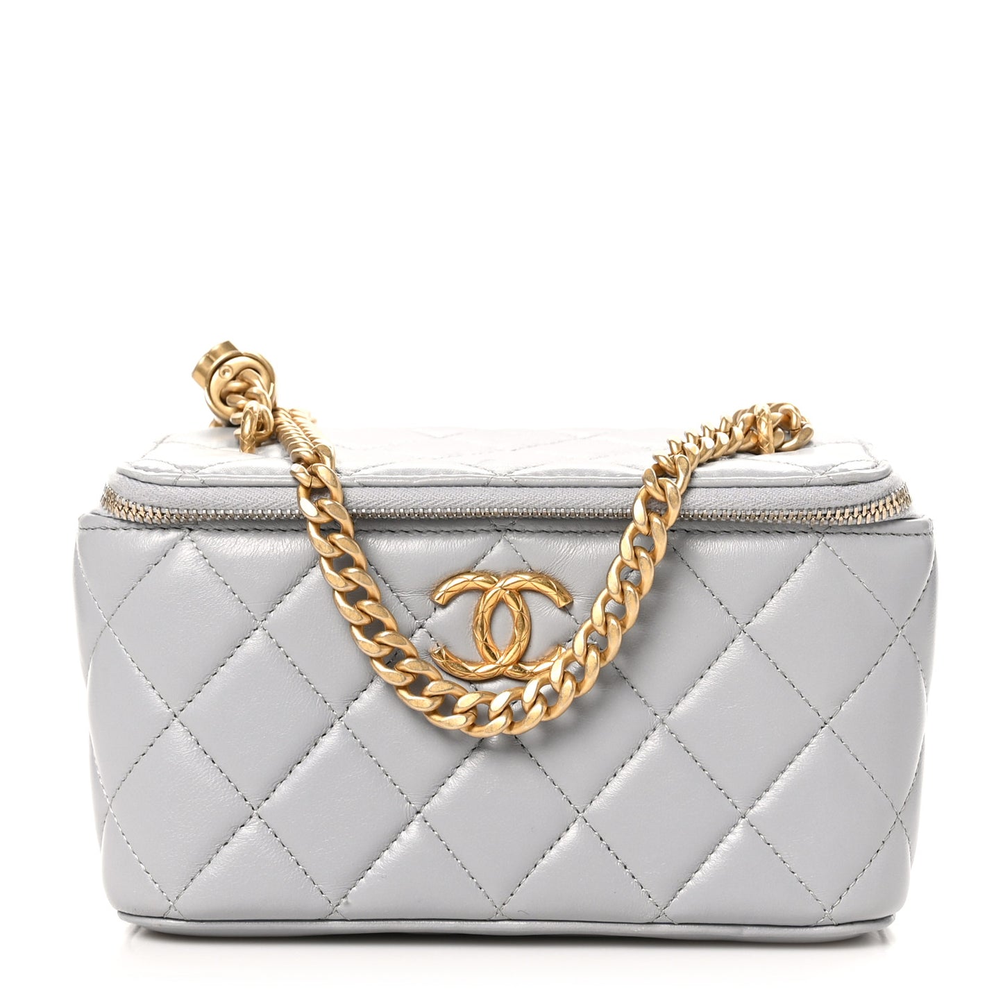 Lambskin Quilted Small Pillow Crush Vanity Case With Chain  Grey