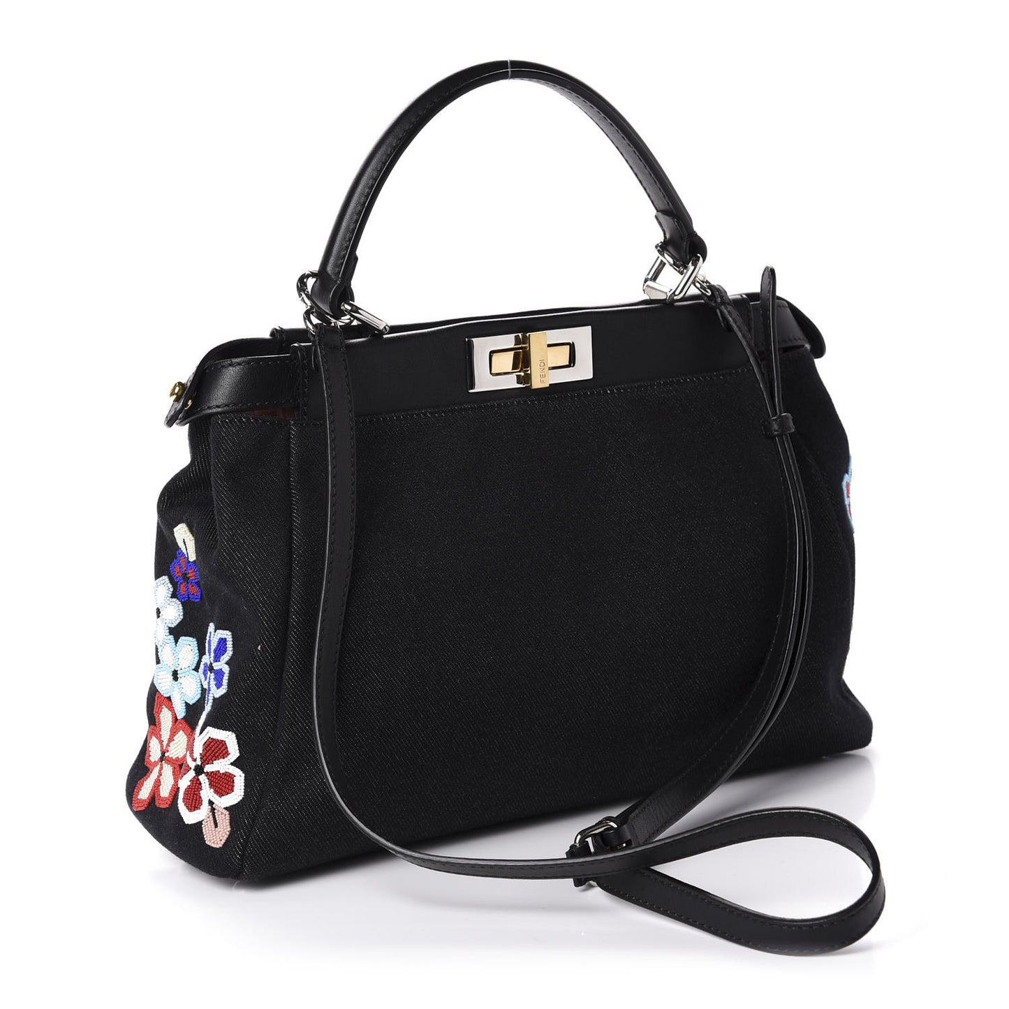 Denim Vitello Dolce QuTweet Beaded Medium Peekaboo Iconic Satchel Dark Blue Multicolor Black
