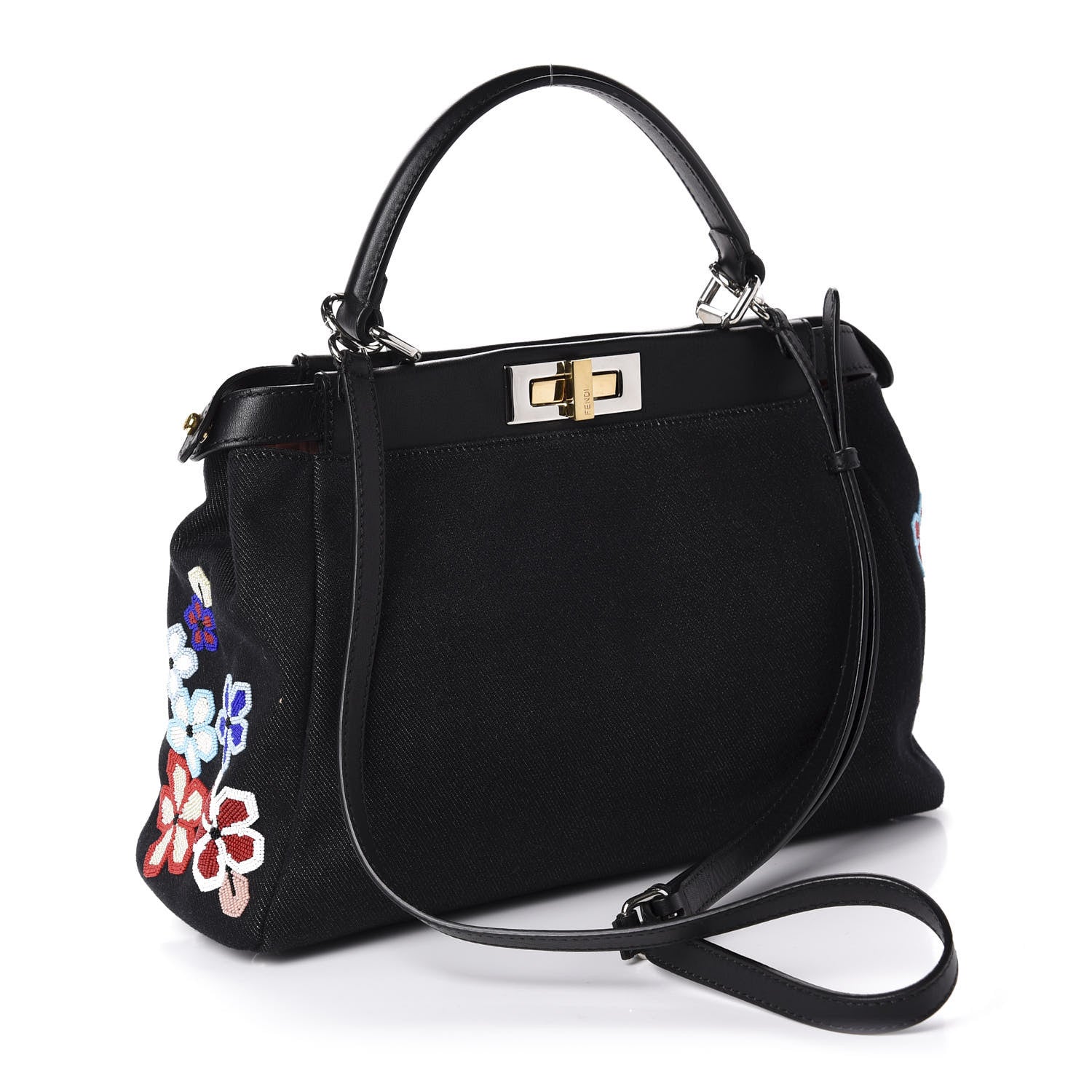 Fendi Denim Vitello Dolce QuTweet Beaded Medium Peekaboo Iconic Satchel Dark Blue Multicolor Black 4 of 14