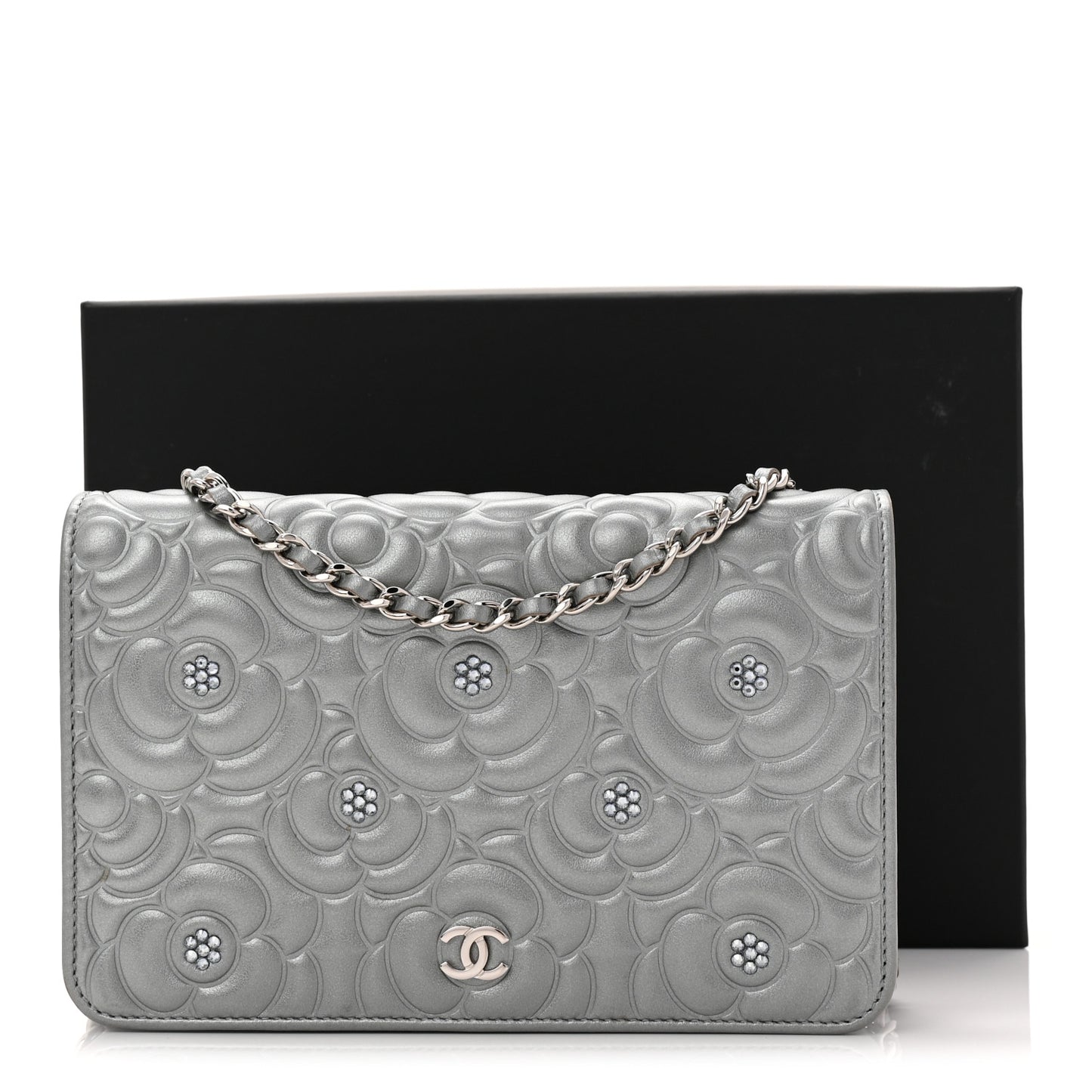 Metallic Lambskin Crystal Camellia Embossed Wallet On Chain WOC Silver