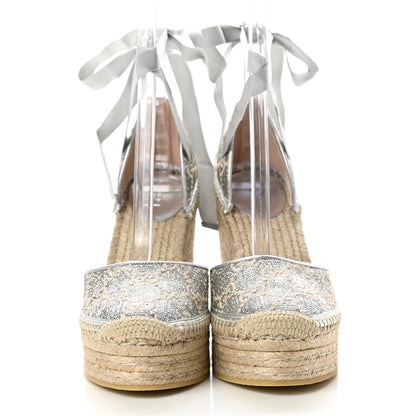 Gucci Lame GG Monogram Ankle Wrap Platform Espadrille Wedges 39 Silver Beige Light Grey 2 of 9