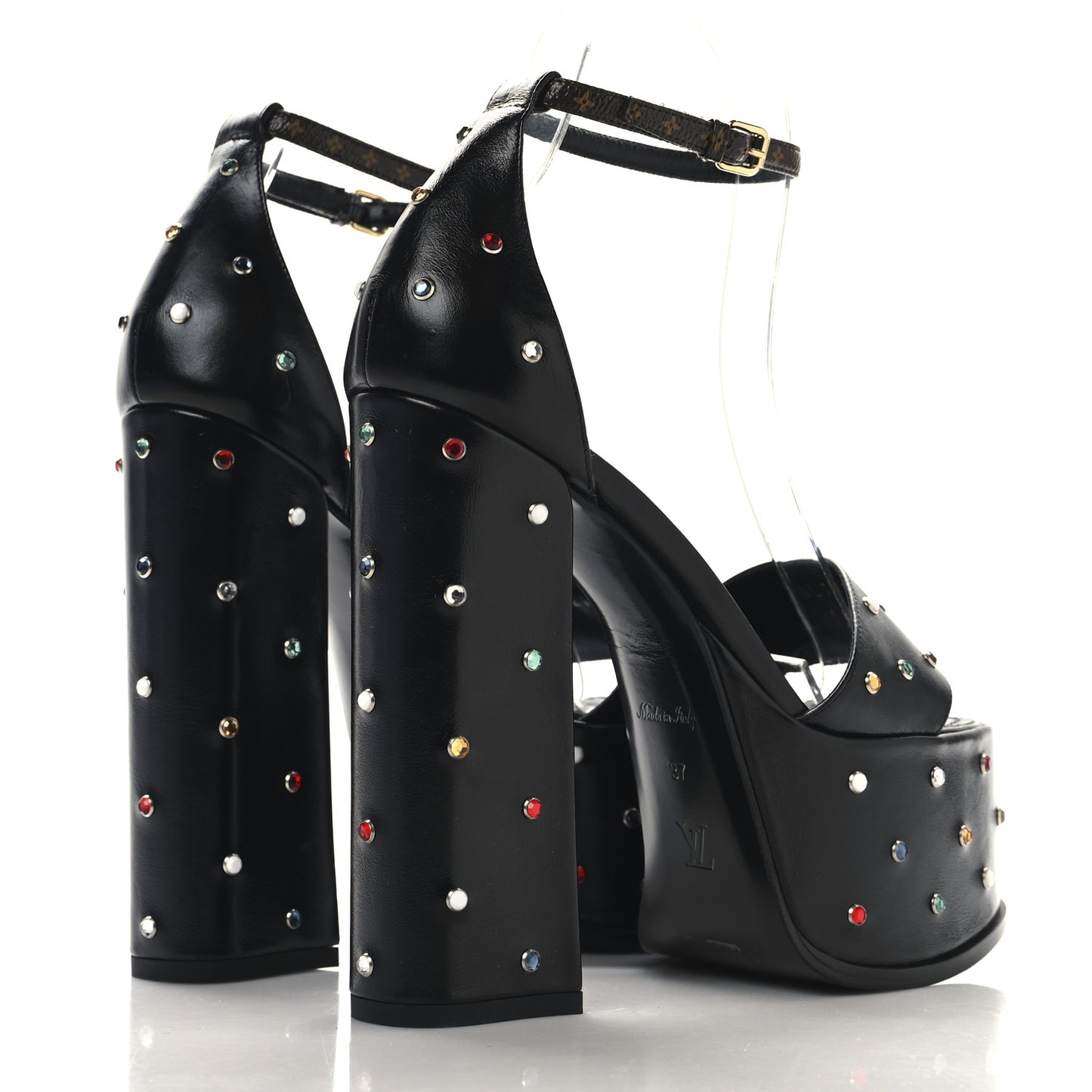 Calfskin Crystal Monogram Platform Sandals 37 Black Multicolor