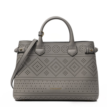 Burberry Grainy Calfskin Perforated Medium Broguing Banner Tote Grey 1 of 6
