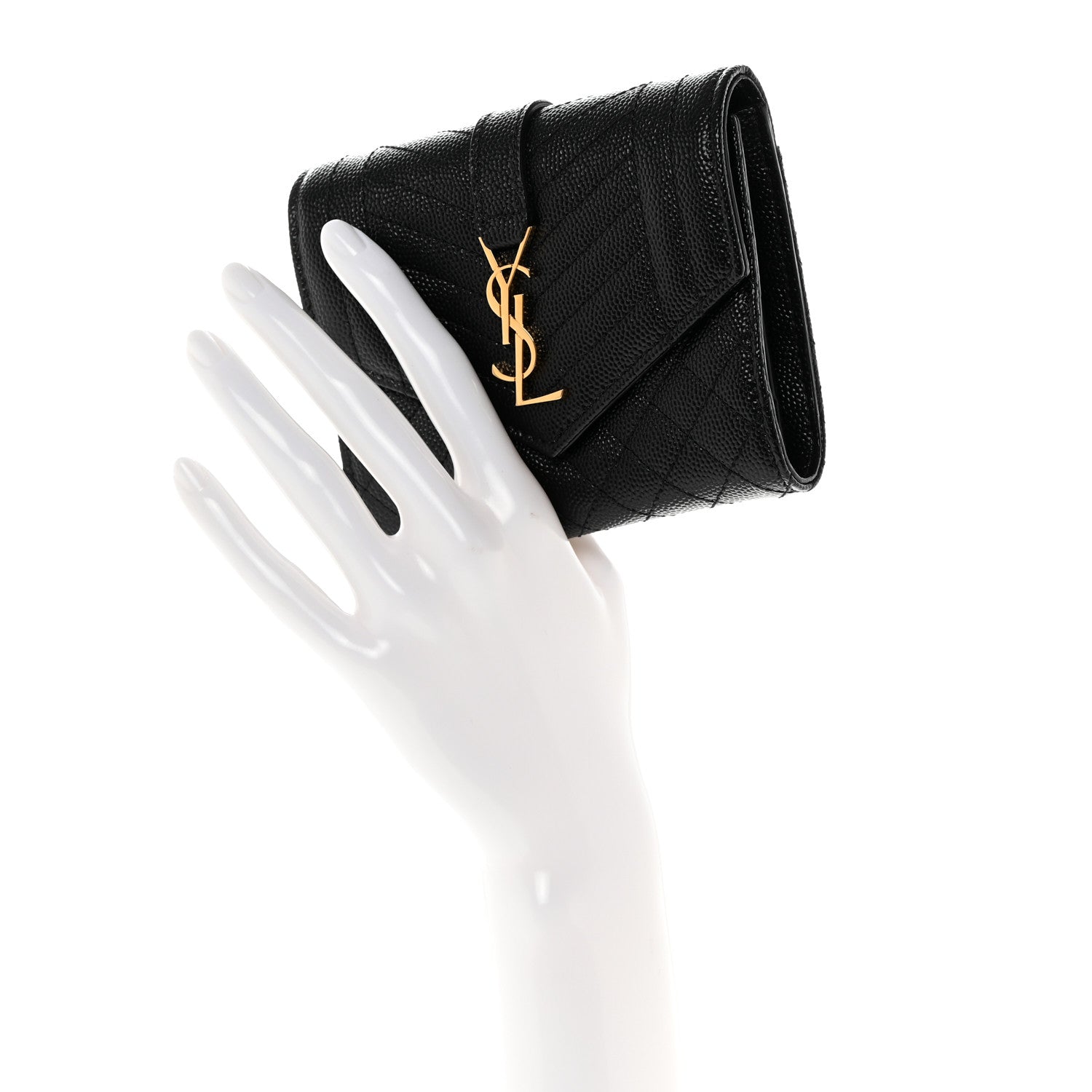 Saint Laurent Grain De Poudre Mixed Matelasse Triquilt Monogram Compact Tri Fold Wallet Black 2 of 8