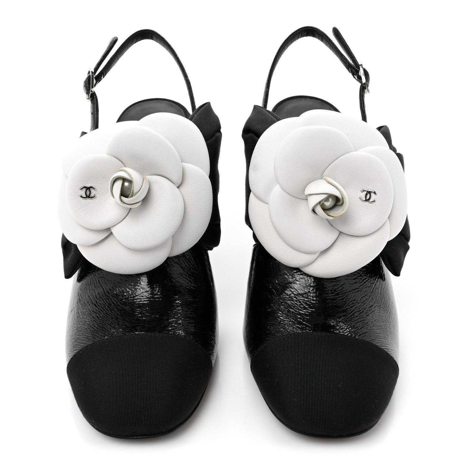 Chanel Crumpled Shiny Fabric Grosgrain Cap Toe Camellia Bow Slingback Pumps 37 Black 2 of 10