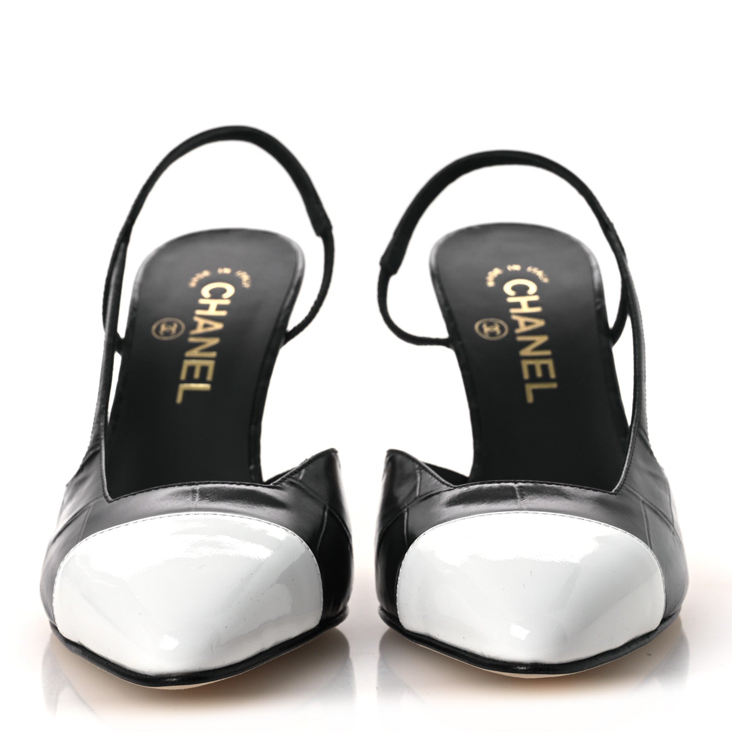 Chanel Patent Calfskin Crocodile Embossed Cap Toe CC Slingback Pumps 38.5 Dark Grey White 3 of 11