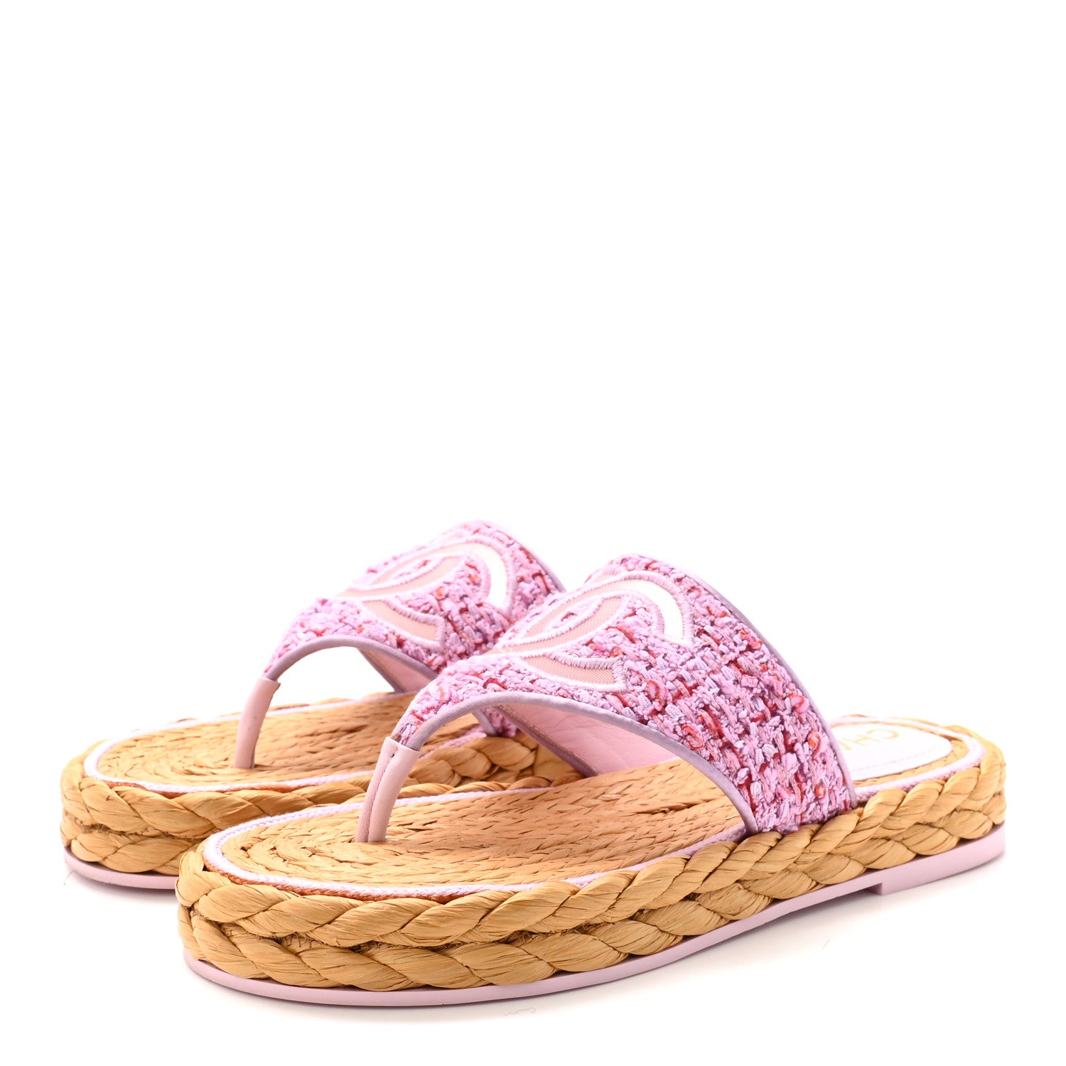 Chanel Tweed Mesh Satin CC Thong Sandals 37 Light Purple Pink Red 4 of 10