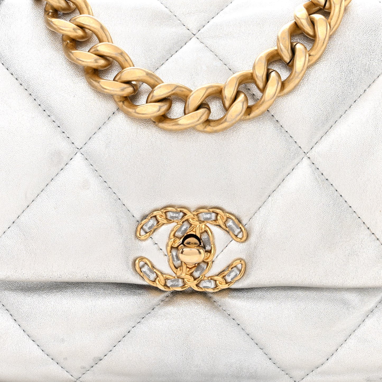 Metallic Lambskin Quilted Large Chanel 19 Flap Silver