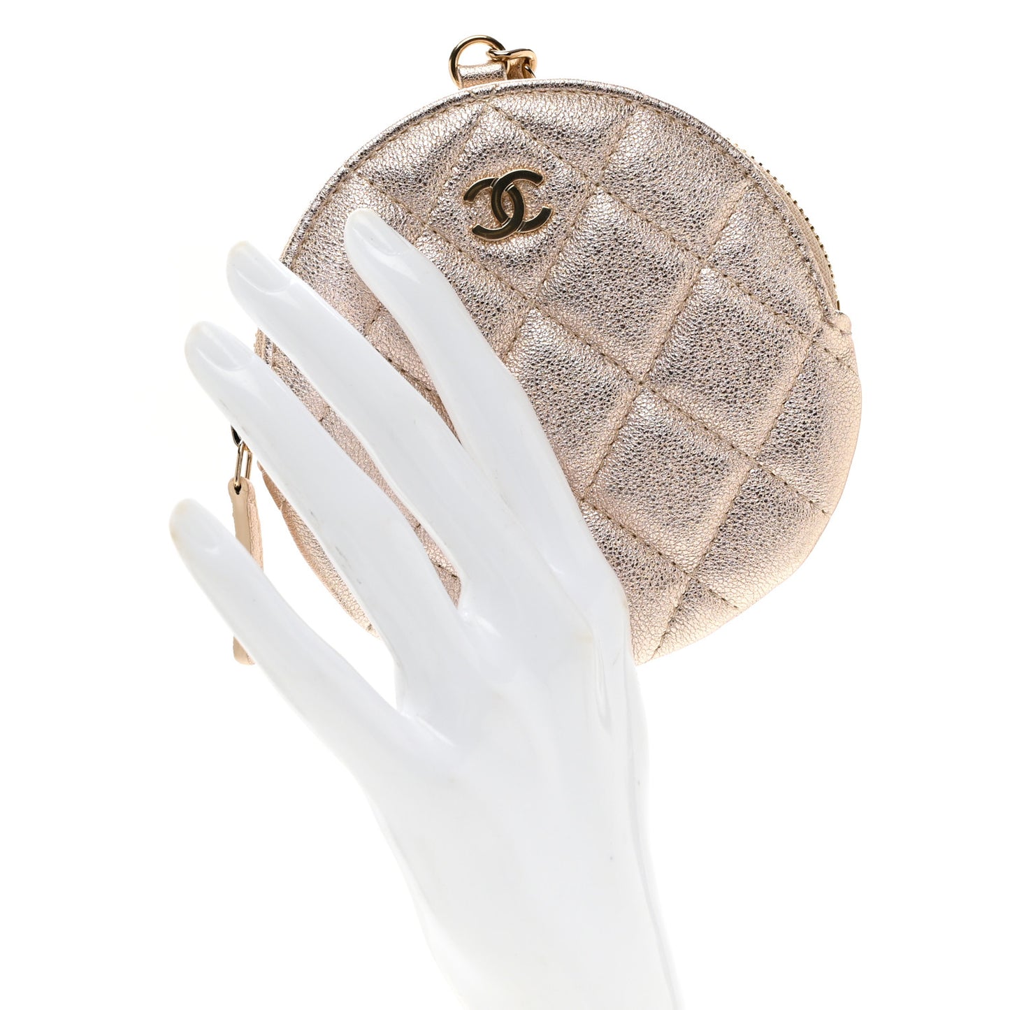 Metallic Lambskin Quilted Round Clip On Coin Purse Gold