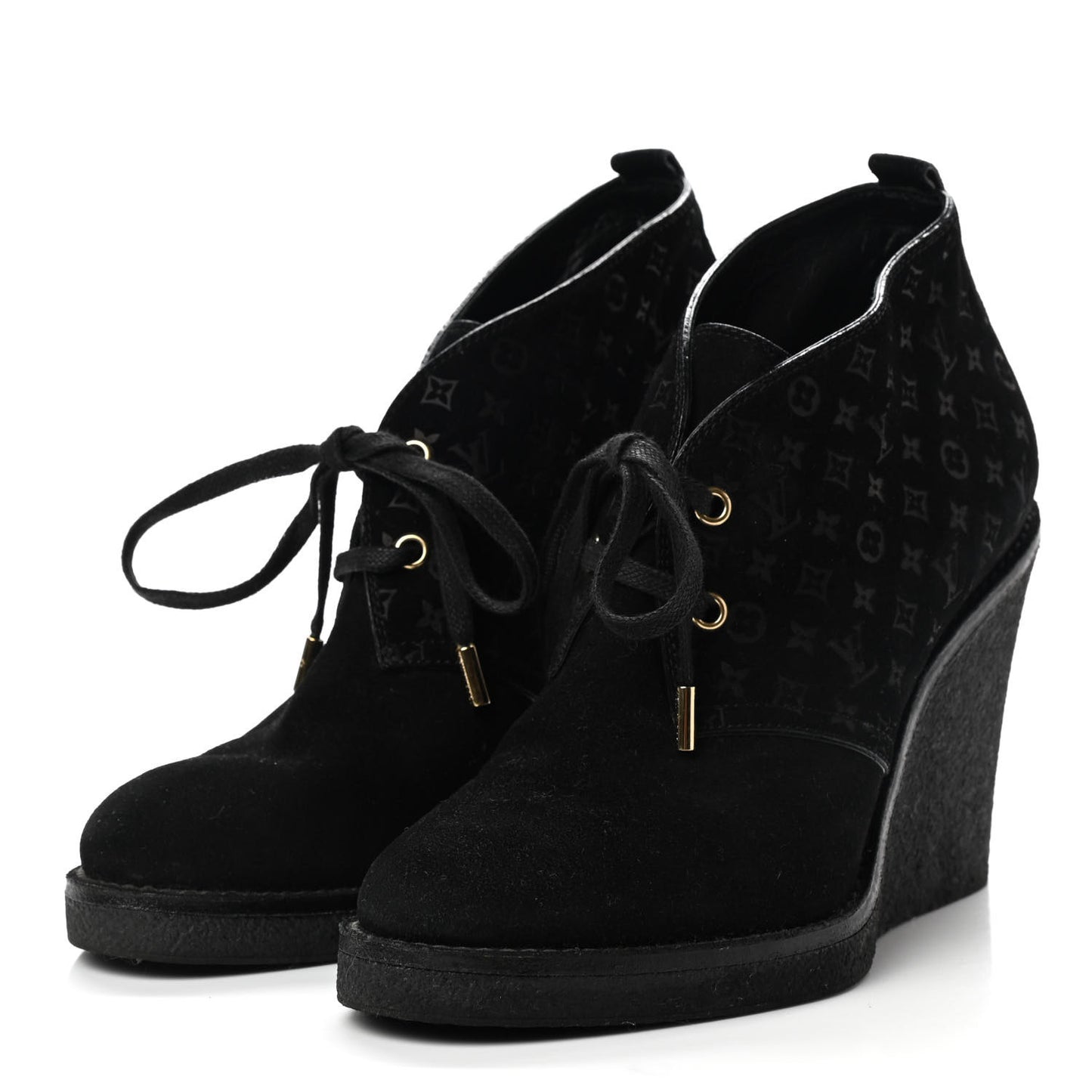 Suede Embossed Monogram Frosty Wedge Low Boots 38.5 Black
