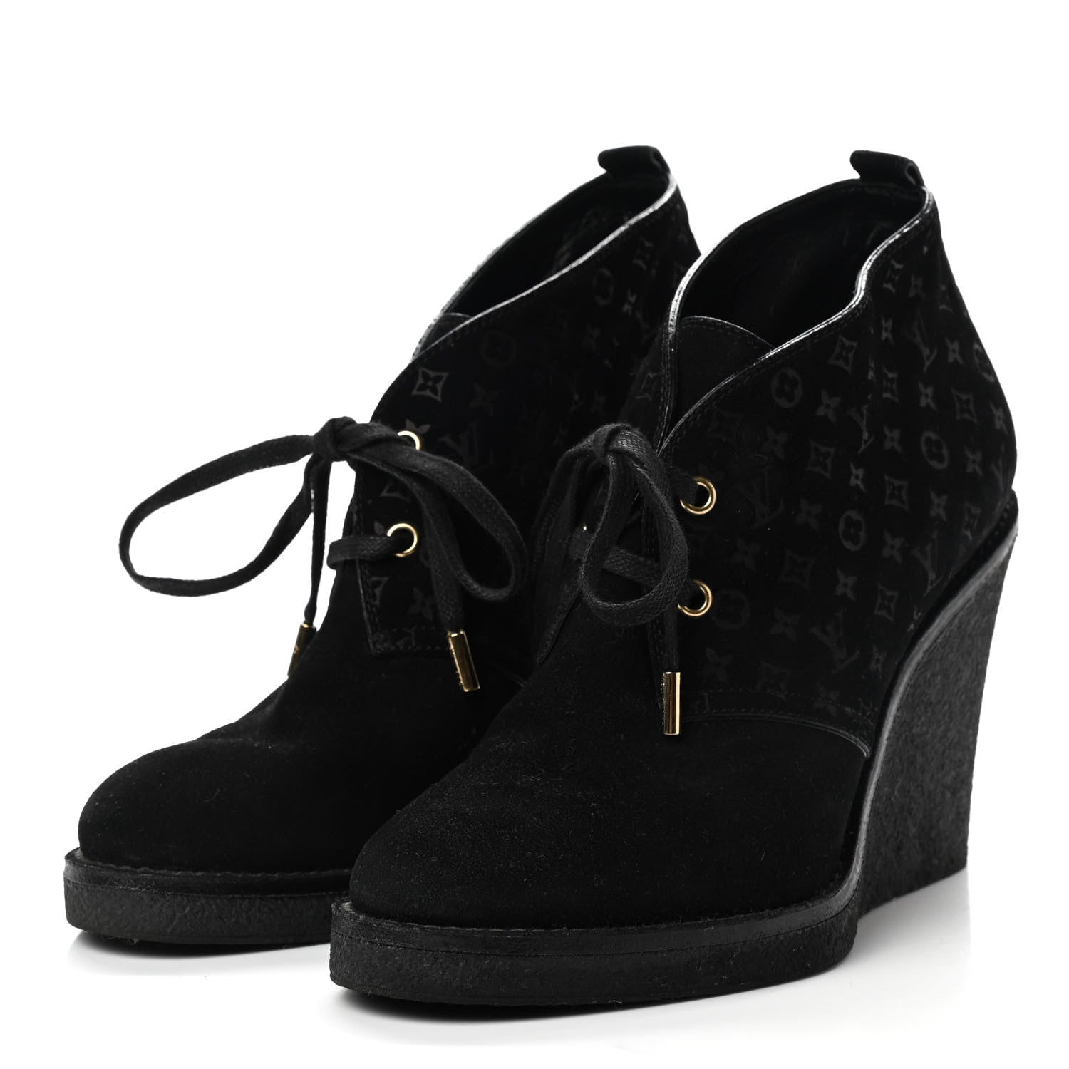 Louis Vuitton Suede Embossed Monogram Frosty Wedge Low Boots 38.5 Black 3 of 7