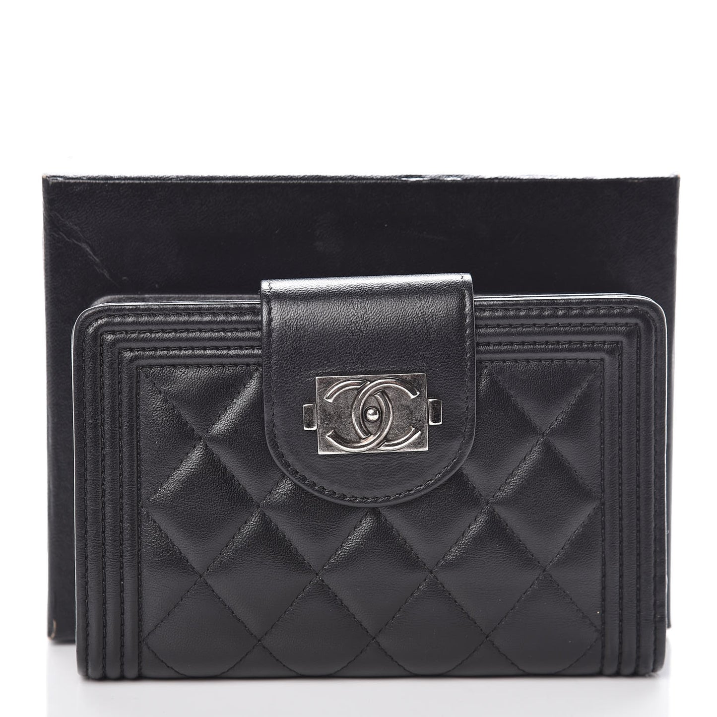 Lambskin Quilted Boy Large Zip Pocket Wallet Black