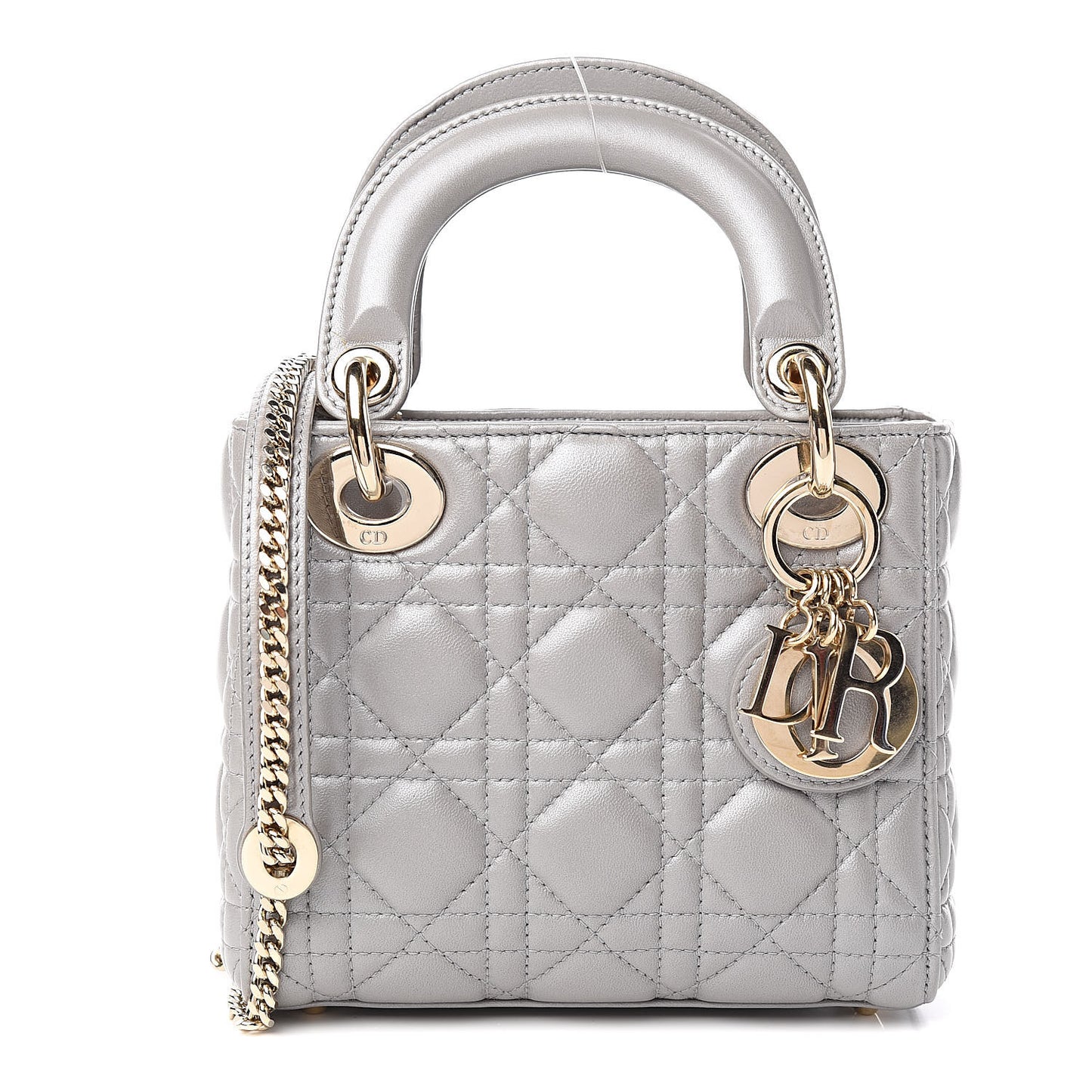 Metallic Lambskin Cannage Mini Lady Dior Grey