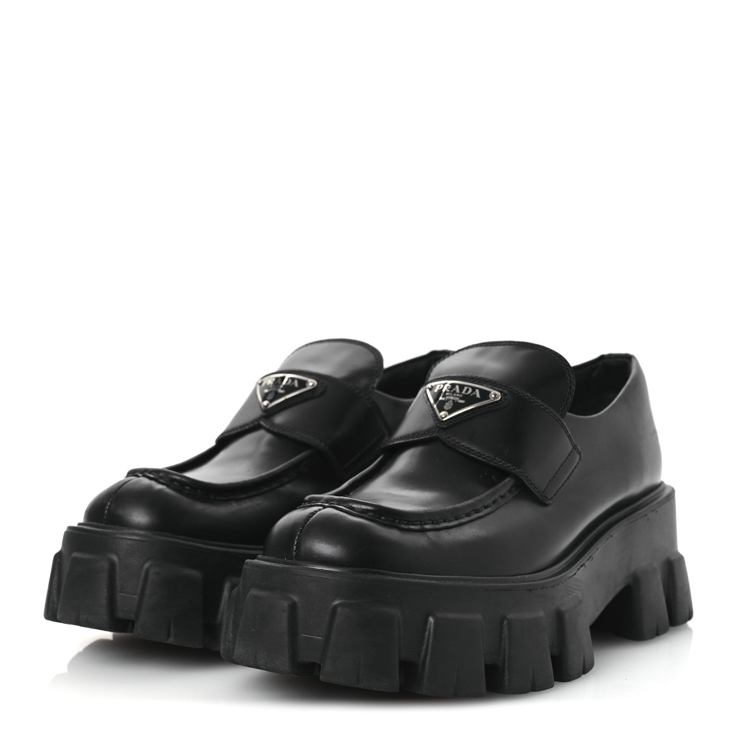 Prada Spazzolato Rois Metal Triangle Logo Monolith 55mm Loafers 37.5 Black 4 of 14