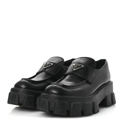Prada Spazzolato Rois Metal Triangle Logo Monolith 55mm Loafers 37.5 Black 4 of 14