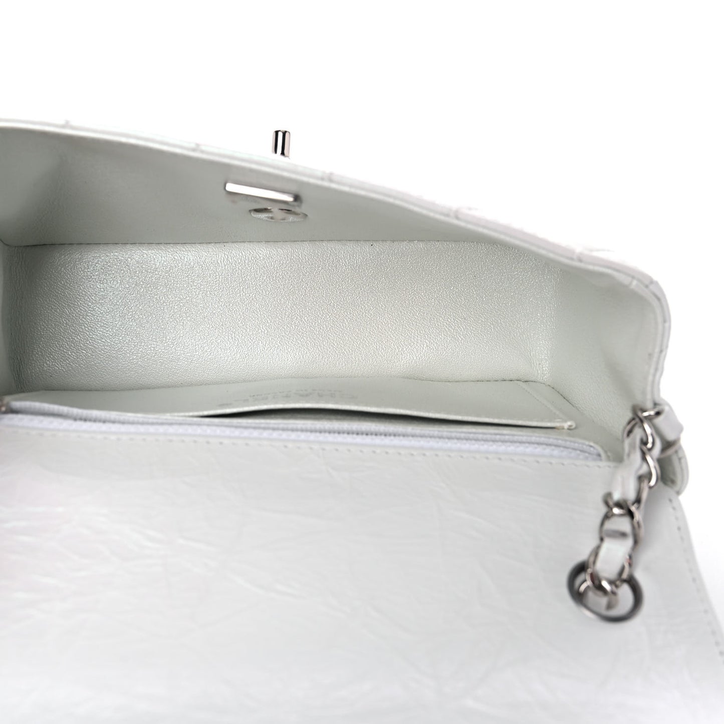 Iridescent Crumpled Calfskin Quilted Mini Rectangular Flap White