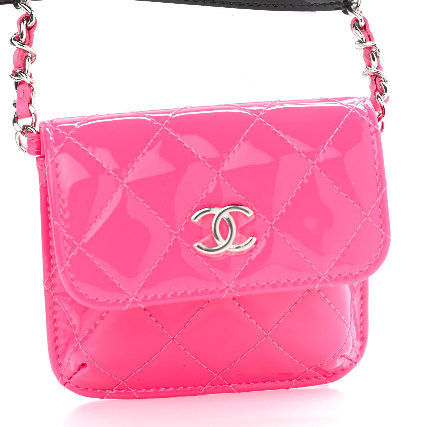 Chanel Patent Quilted Belt In Love Double Mini Flap Waist Bag Black Pink 14 of 16