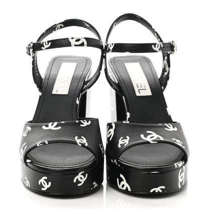 Chanel Printed Lambskin CC Platform Sandals 39 Black White 2 of 9