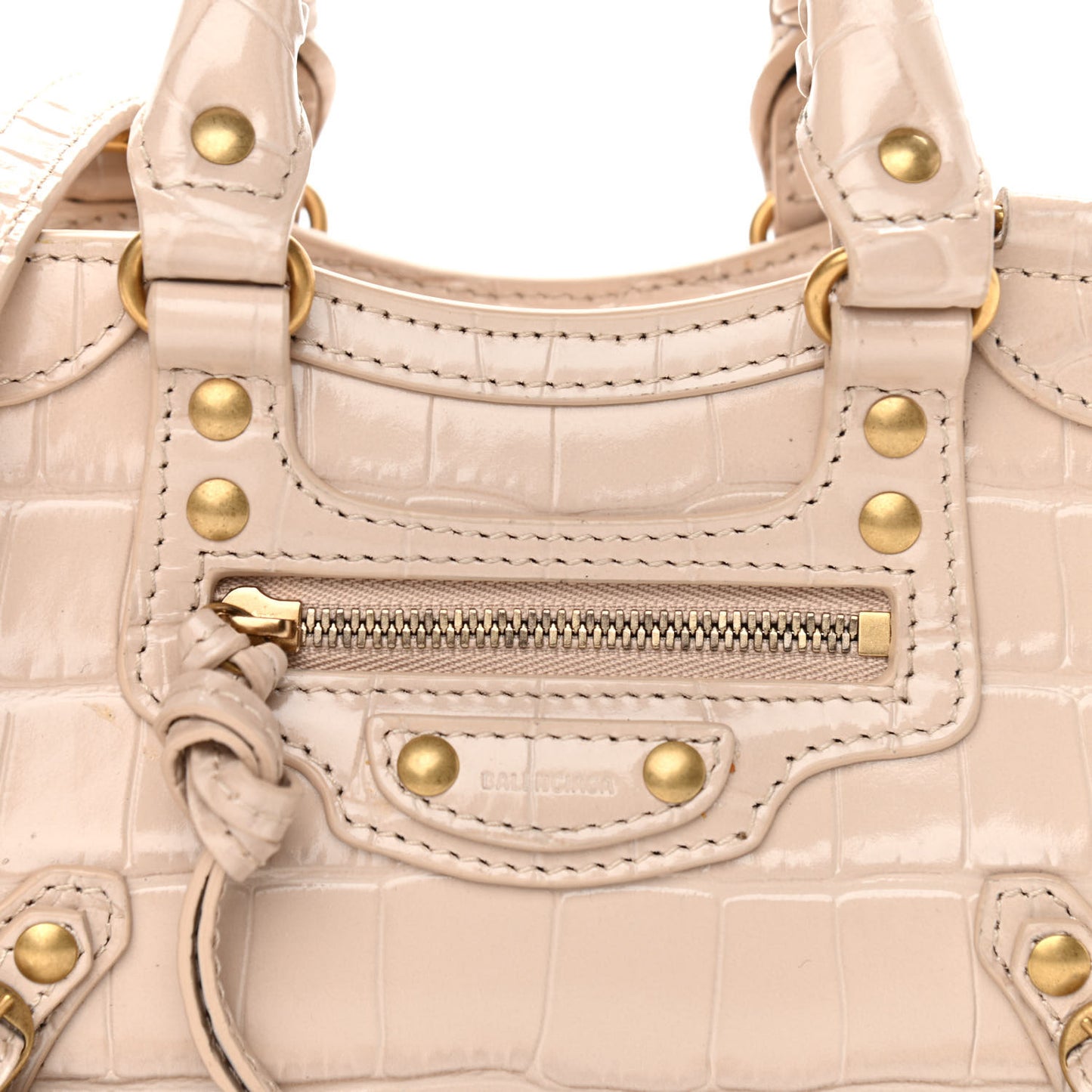 Shiny Supple Calfskin Crocodile Embossed Neo Classic Gold Hardware Nano City Crossbody Light Beige
