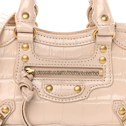 Balenciaga Shiny Supple Calfskin Crocodile Embossed Neo Classic Gold Hardware Nano City Crossbody Light Beige 7 of 9
