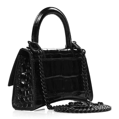 Balenciaga Shiny Calfskin Monochrome Crocodile Embossed Hourglass Top Handle Bag Mini with Chain Black 3 of 10
