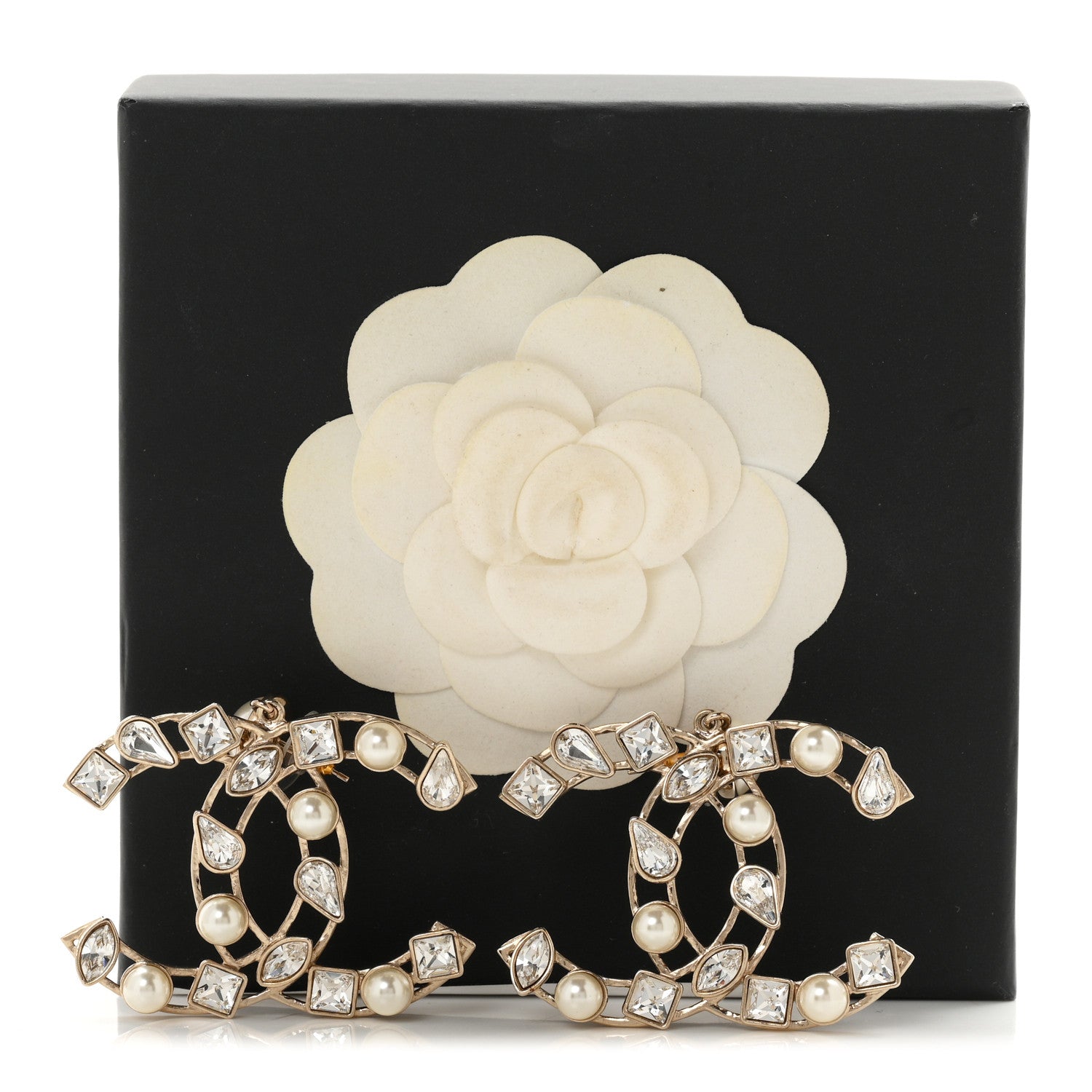 Chanel Metal Glass Pearl CC Crystal Snowfall CC Drop Earrings Light Gold 5 of 5