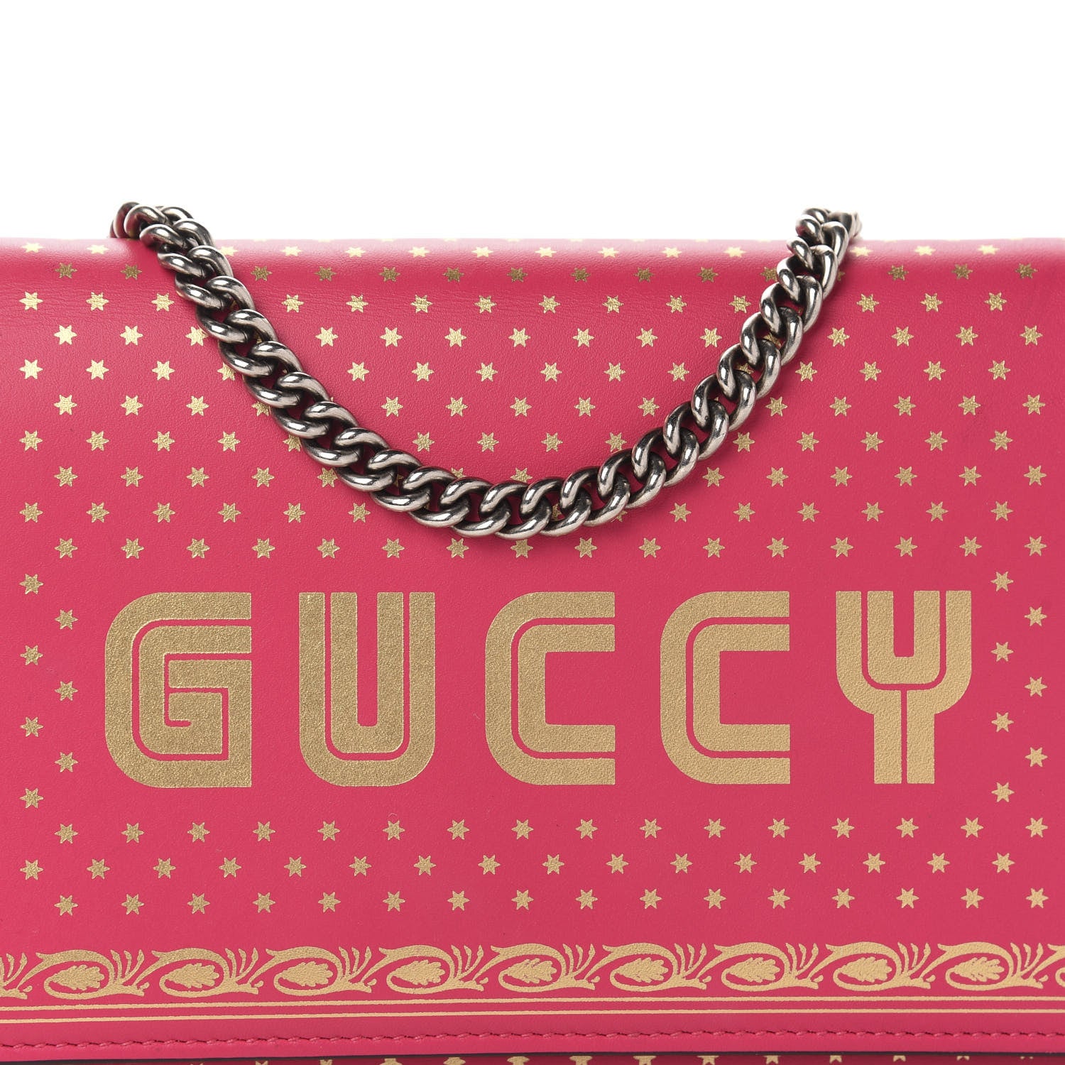 Gucci X SEGA Calfskin GUCCY Stars Chain Wallet Violet Fuxia Gold 10 of 10