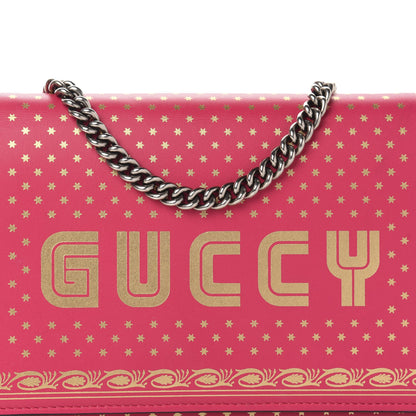 Gucci X SEGA Calfskin GUCCY Stars Chain Wallet Violet Fuxia Gold 10 of 10