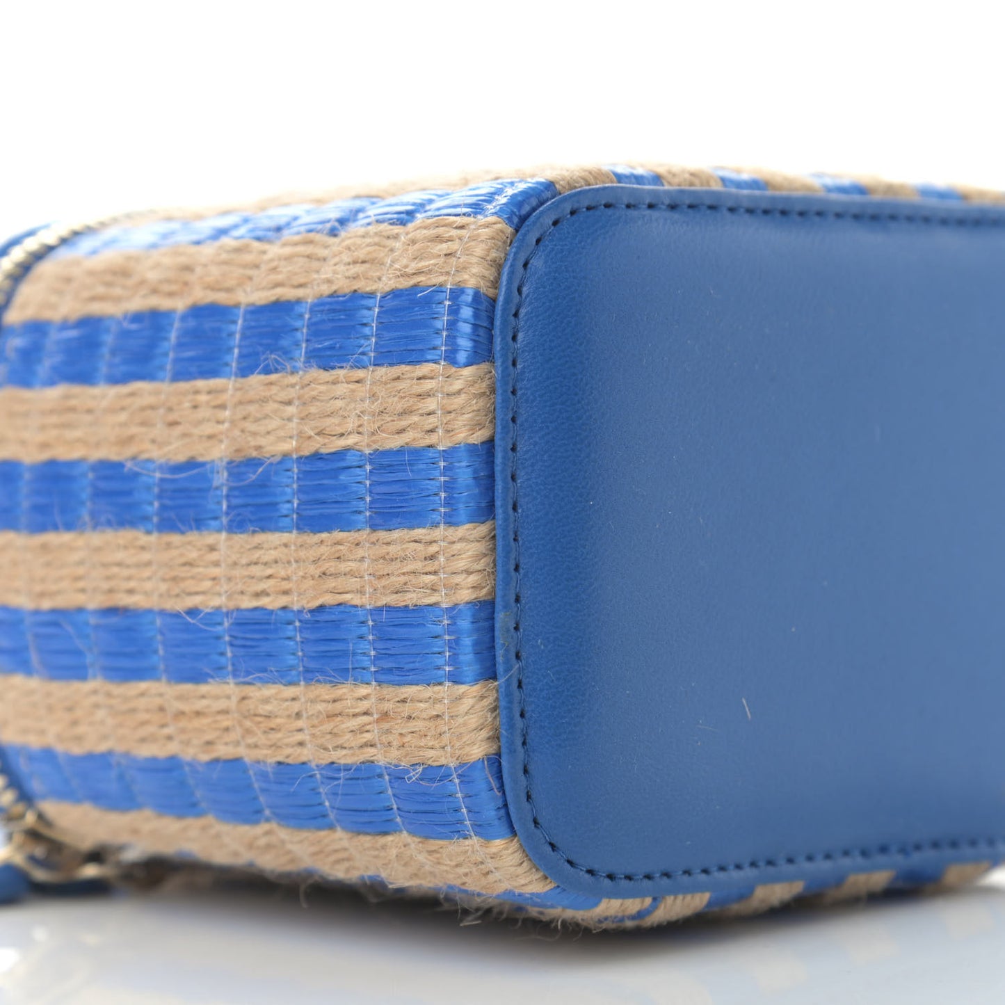 Raffia Jute Striped Mini Vanity Case With Chain Blue Beige