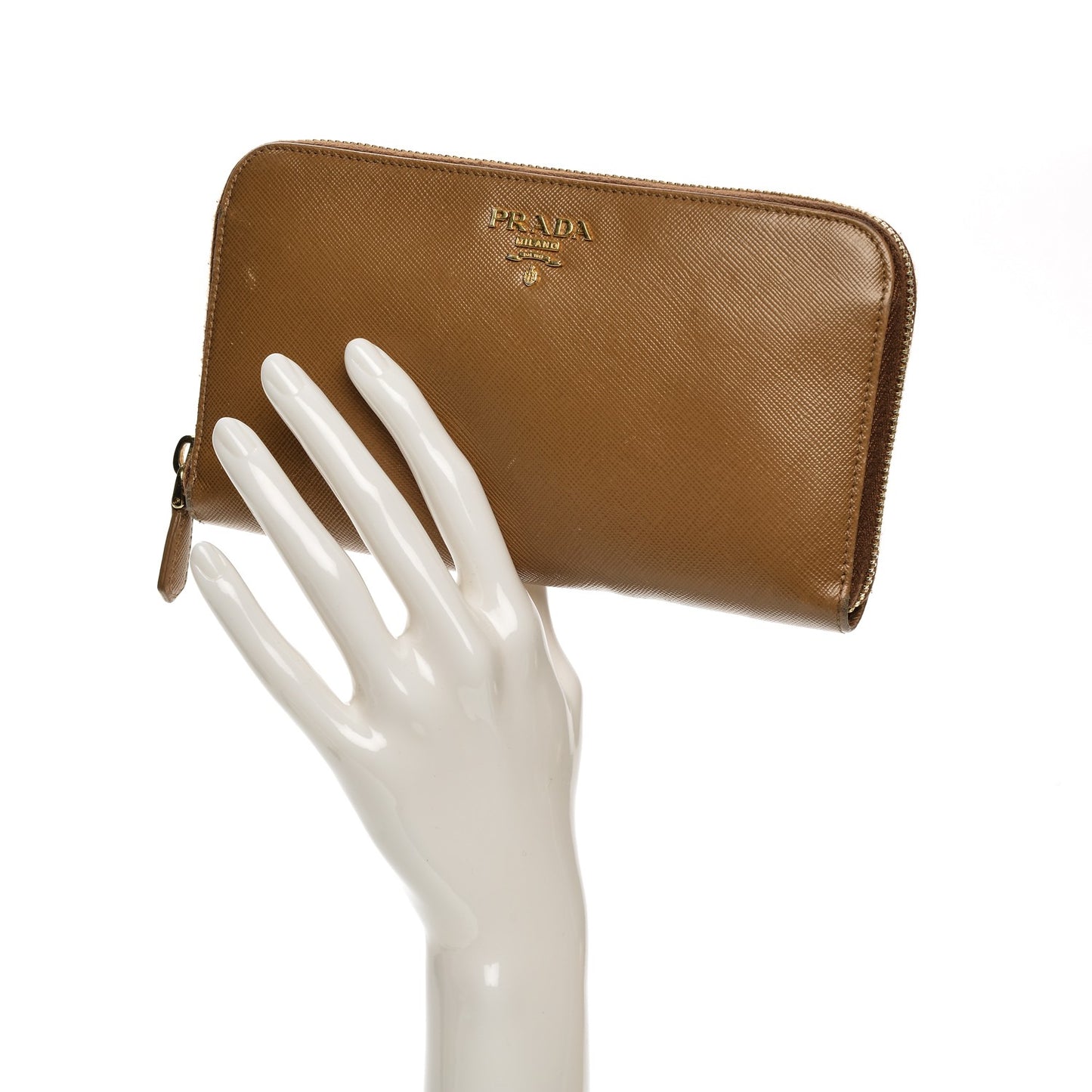 Saffiano Metal Zip Around Wallet Caramel