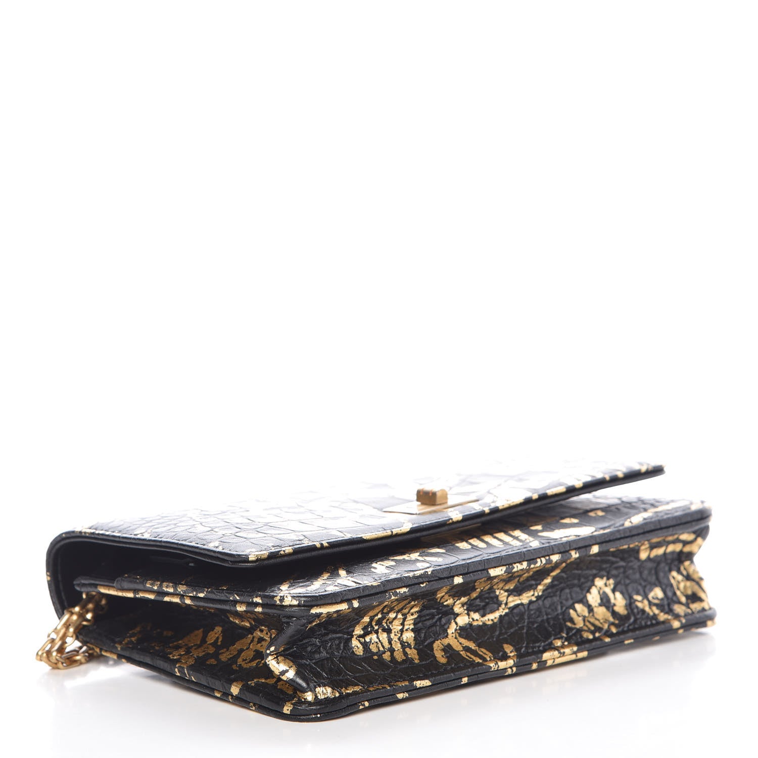 Chanel Calfskin Crocodile Embossed Graffiti 2.55 Cocodile Reissue Wallet On Chain WOC Black Gold 4 of 11