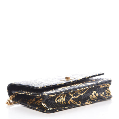 Chanel Calfskin Crocodile Embossed Graffiti 2.55 Cocodile Reissue Wallet On Chain WOC Black Gold 4 of 11
