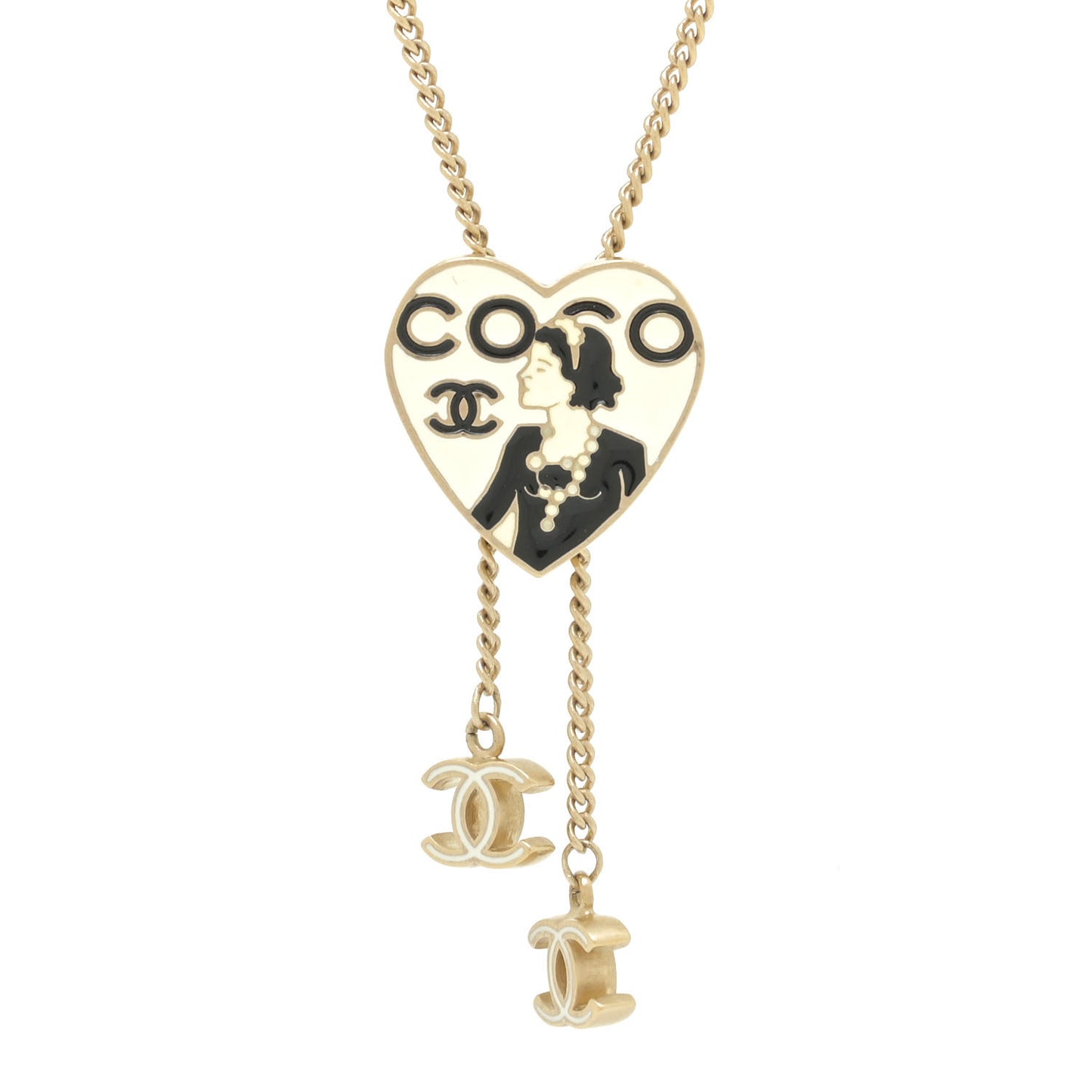 Enamel Coco Heart CC Lariat Necklace Light Gold