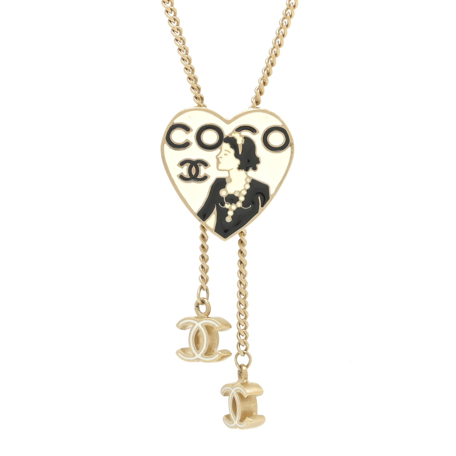 Chanel Enamel Coco Heart CC Lariat Necklace Light Gold 4 of 5