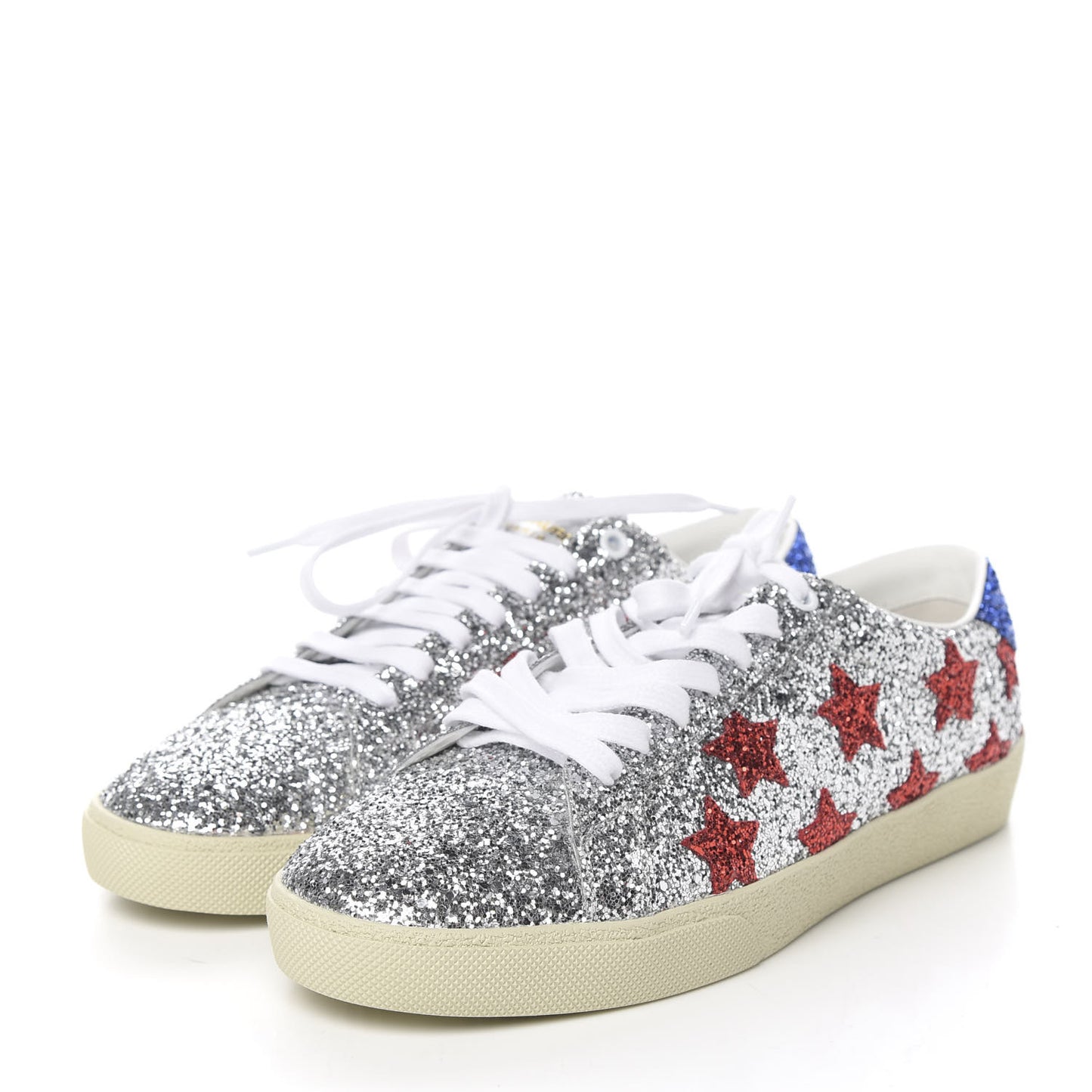 Calfskin Glitter Star Court Sneakers 41 Silver Red