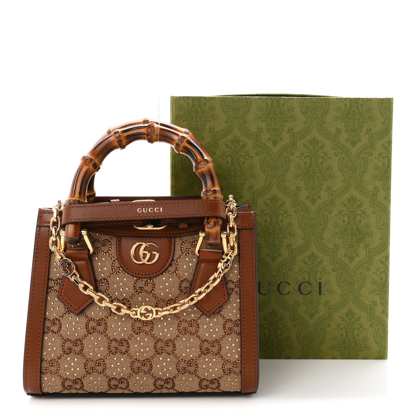 New Canvas Charisma Calfskin Crystal GG Monogram Mini Diana Tote Bag Camel Ebony