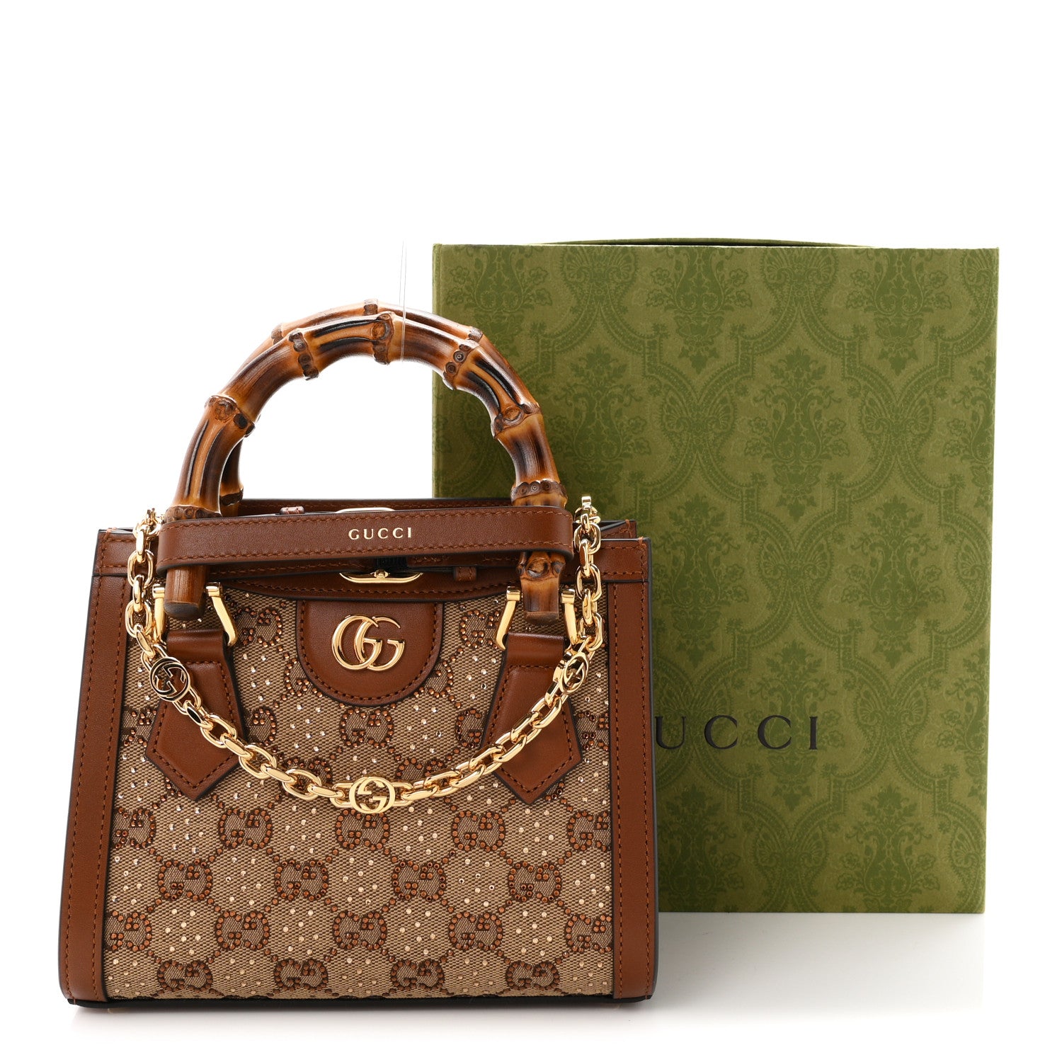 Gucci New Canvas Charisma Calfskin Crystal GG Monogram Mini Diana Tote Bag Camel Ebony 11 of 11