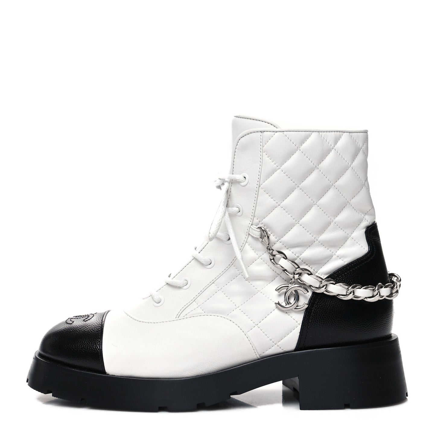 Caviar Calfskin Quilted Chain Lace Up Combat Boots 40 White Black