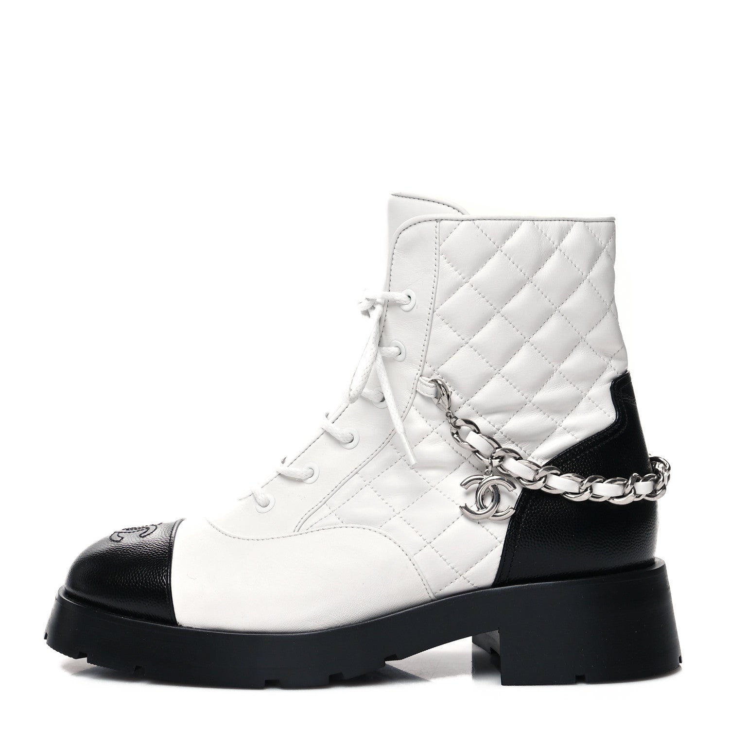 Chanel Caviar Calfskin Quilted Chain Lace Up Combat Boots 40 White Black 1 of 8