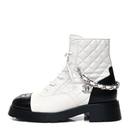 Chanel Caviar Calfskin Quilted Chain Lace Up Combat Boots 40 White Black 1 of 8