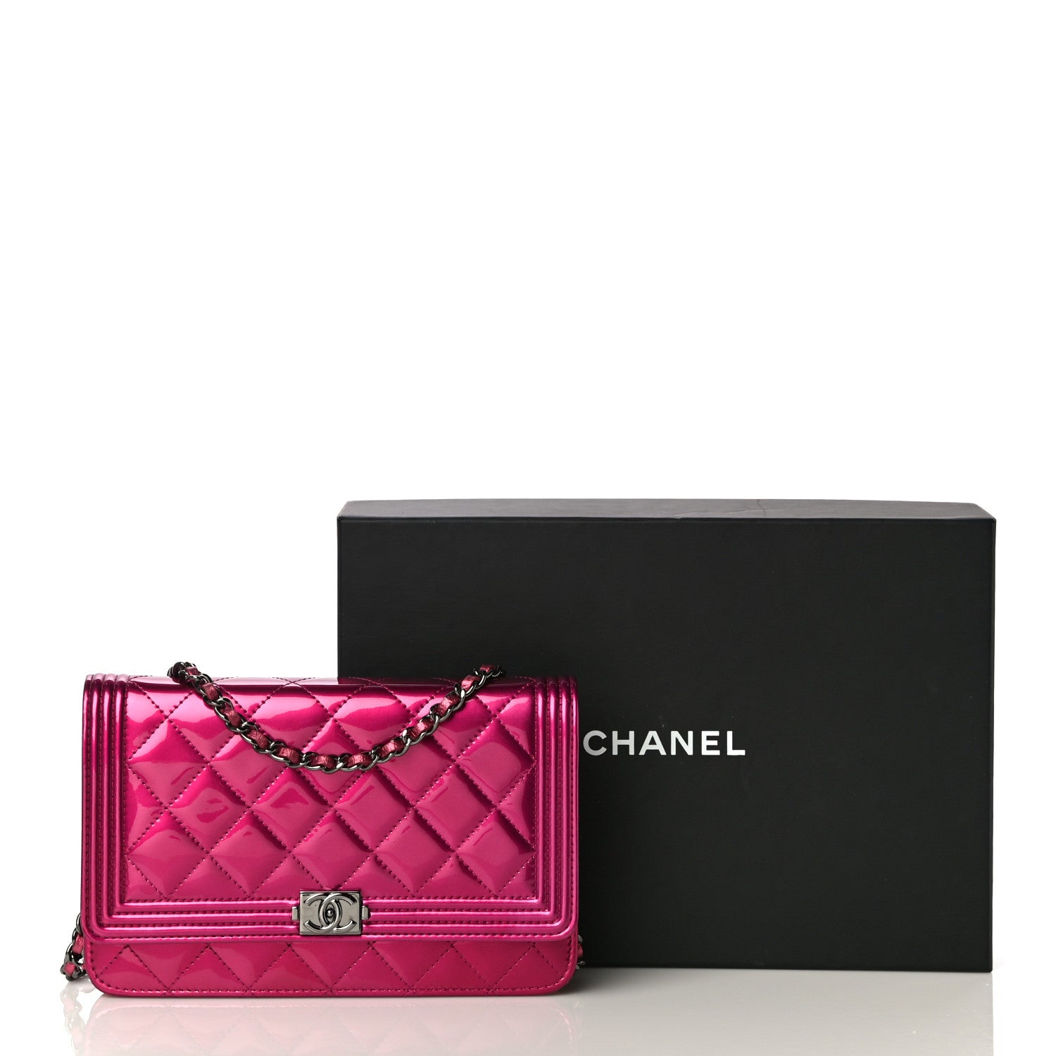 Chanel Metallic Patent Calfskin Quilted Boy Wallet On Chain WOC Fuchsia 18 of 18