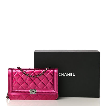 Chanel Metallic Patent Calfskin Quilted Boy Wallet On Chain WOC Fuchsia 18 of 18