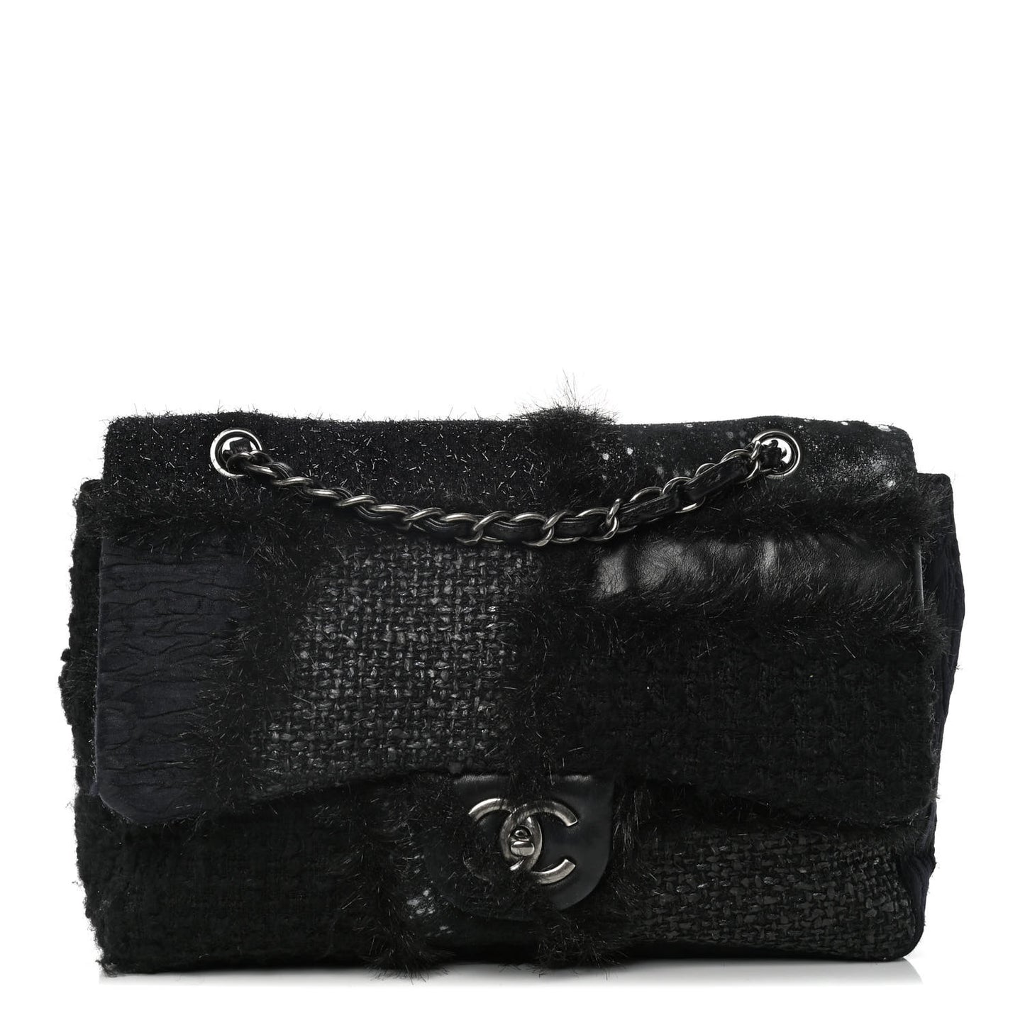 Tweed Faux Fur Patchwork Jumbo Single Flap Black